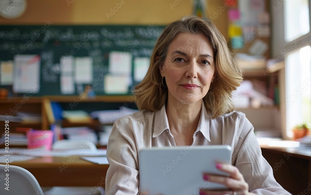Portrait of female teacher with digital tablet textbook looking at camera Portrait of female teacher with digital tablet textbook looking at camera