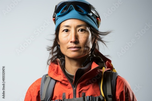 Portrait of Asian female mountaineer in warm clothing photo