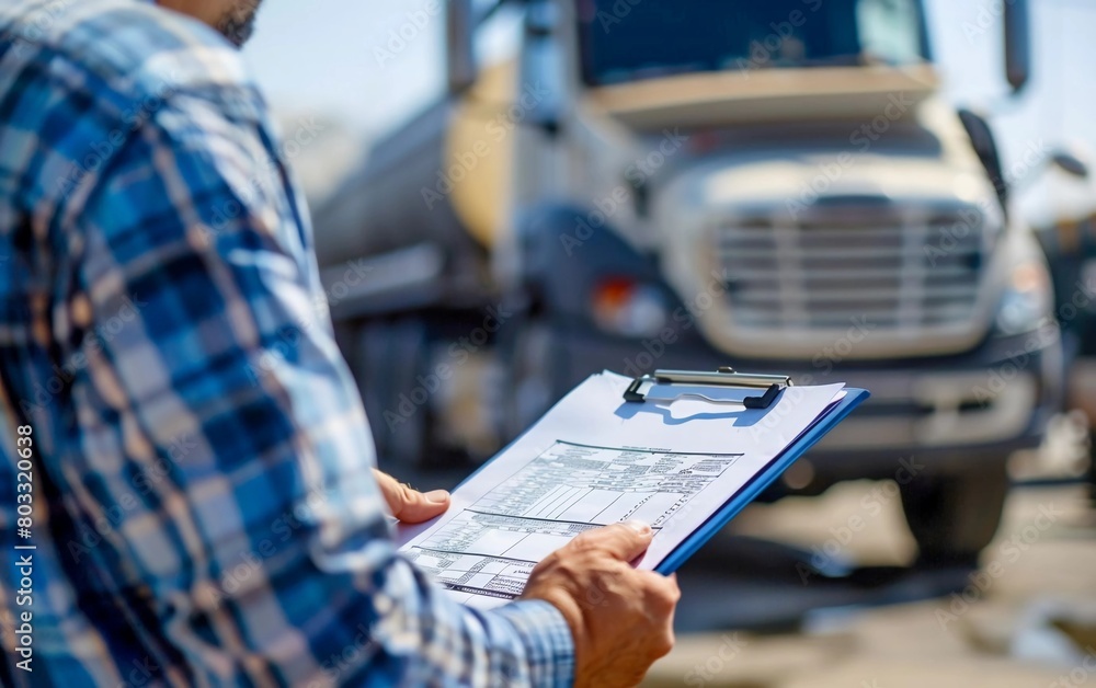 Clipboard Holder Truck Driver is Checking Truck Safety Maintenance Checklist.