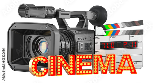 Filmmaking or film production concept. Professional video camera and digital clapperboard with cinema signboard from golden light bulb letters. 3D rendering isolated on transparent background