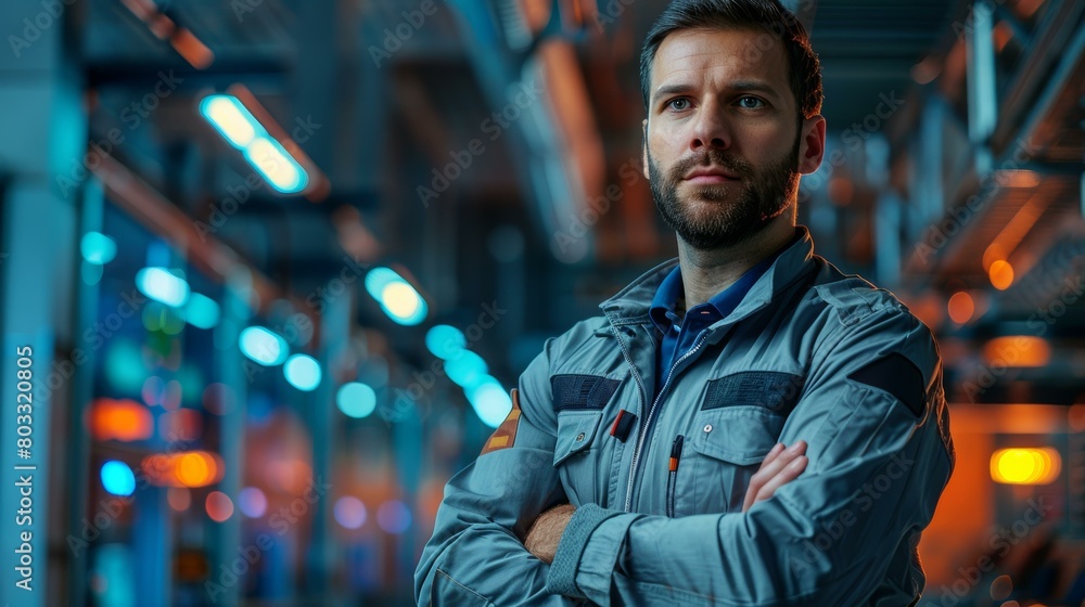 Confident male engineer in workwear standing inside futuristic industrial facility with blue and orange lighting, arms crossed, thoughtful expression. Copy space. Confident male engineer in workwear standing inside futuristic industrial facility with blue and orange lighting, arms crossed, thoughtful expression. Copy space.