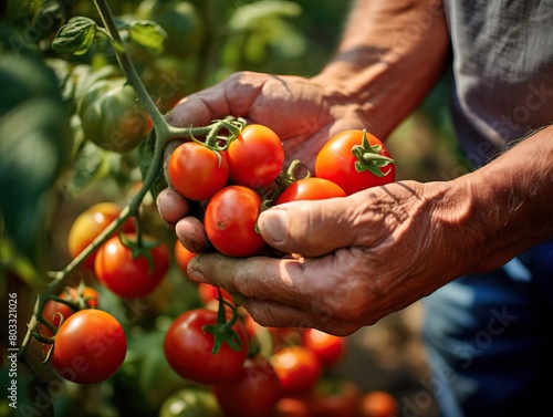 Close-up of farmer's hands harvesting ripe red tomatoes from bush