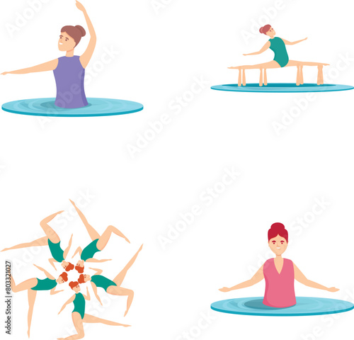 Women swimming icons set cartoon vector. Girl team performing stunt in water. Water sport dance competition