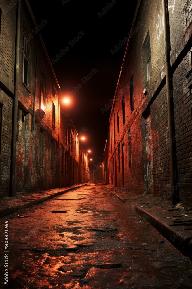 A dark and narrow alleyway with red lighting