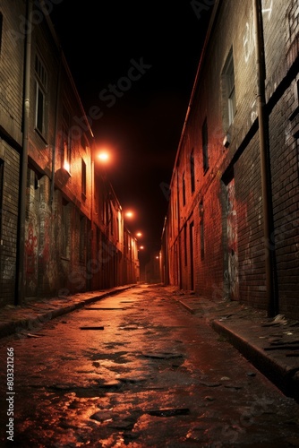 A dark and narrow alleyway with red lighting