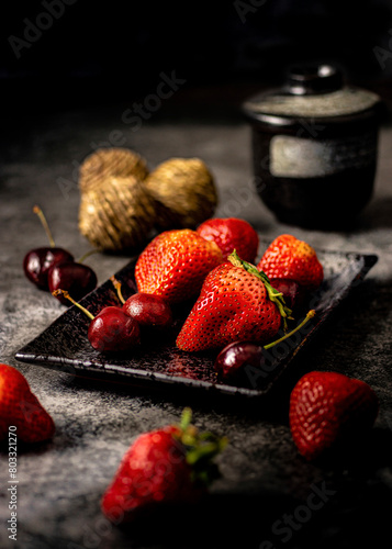 Fresh strawberries in a bowl with red cherries on a marble top with a black background.