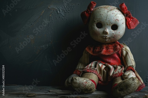 Scary retro doll on a dark background. Copy space for text photo