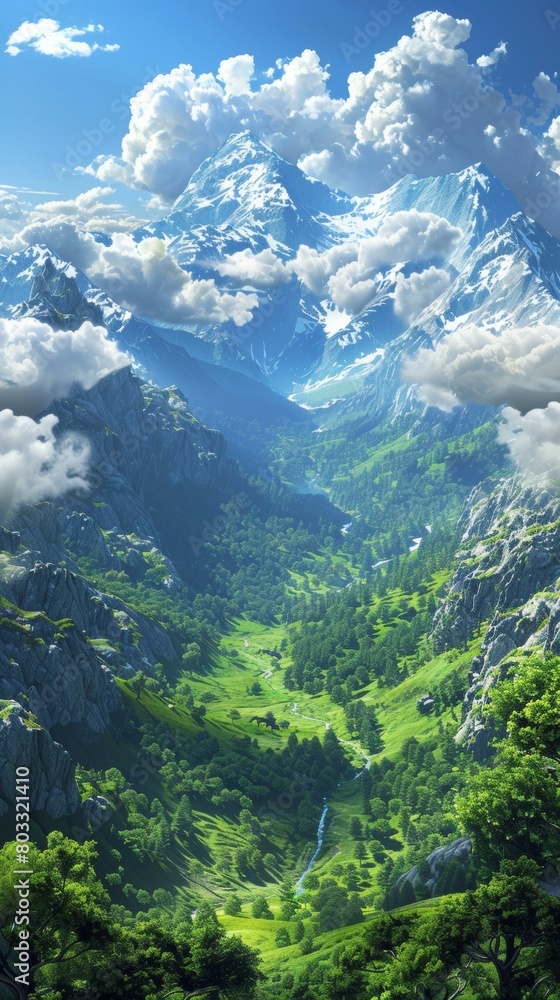 Fantasy landscape with mountains, valley and clouds Fantasy landscape with mountains, valley and clouds