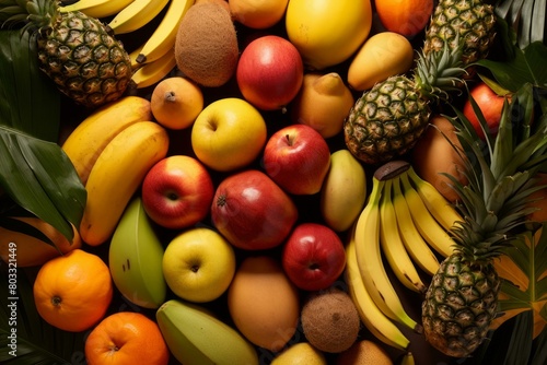 A variety of fruits including apples, bananas, pineapples, oranges, and kiwis photo