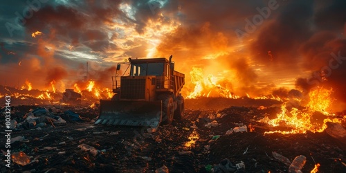 A bulldozer works at a landfill as the trash burns