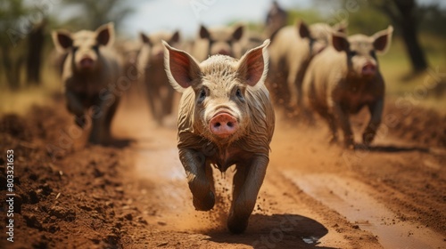 A group of pigs running in a field