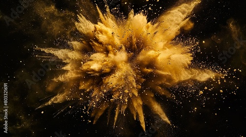 goldene Farbexplosion vor dunklem Hintergrund, rauchender Knall, Explosion aus goldenem Pulver