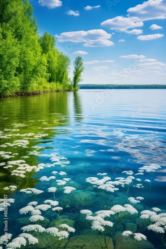 Tranquil Lake in the Summer with White Flowers