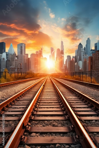 The railroad tracks stretch into the distance with a setting sun in the background