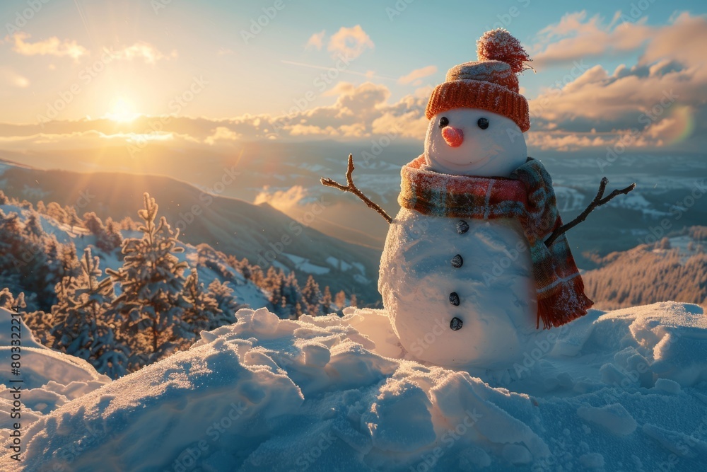 Obraz premium Funny snowman on a snowy mountain