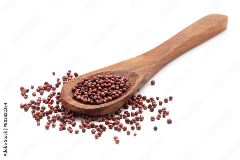 Front view of a wooden spoon filled with Organic Cabbage (Brassica oleracea) seeds. Isolated on a white background. Front view of a wooden spoon filled with Organic Cabbage (Brassica oleracea) seeds. Isolated on a white background.