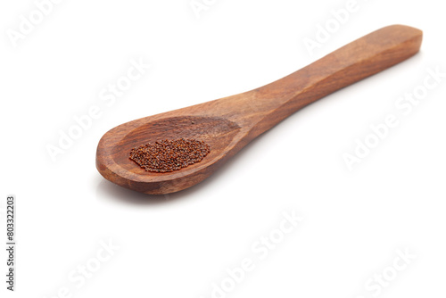 Front view of a wooden spoon filled with Organic Petunia (Petunia exserta) seeds. Isolated on a white background. photo