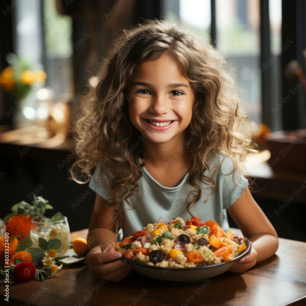 Portrait of a happy little girl eating a healthy salad Portrait of a happy little girl eating a healthy salad