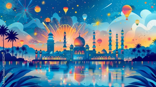 A beautiful illustration of a mosque with fireworks in the background
