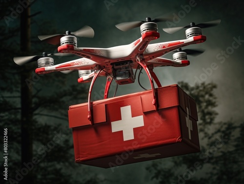 Realistic drone delivery of emergency medicines with red cross in urban area