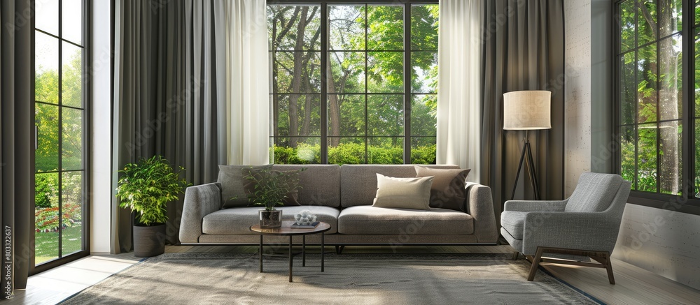 Grey living room featuring a window with curtain and garden view, furnished with a grey sofa, carpet, and chair for decoration within a modern home design frame. Grey living room featuring a window with curtain and garden view, furnished with a grey sofa, carpet, and chair for decoration within a modern home design frame.