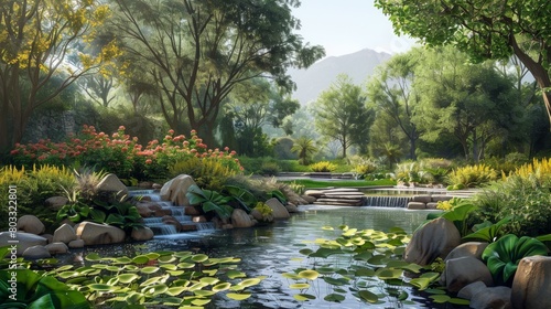 landscaping with large rocks and a pond photo