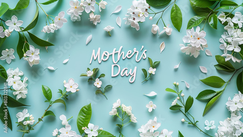Beautiful Mother's Day Celebration Background with White Flowers and Elegant Text on a Pastel Blue Background photo