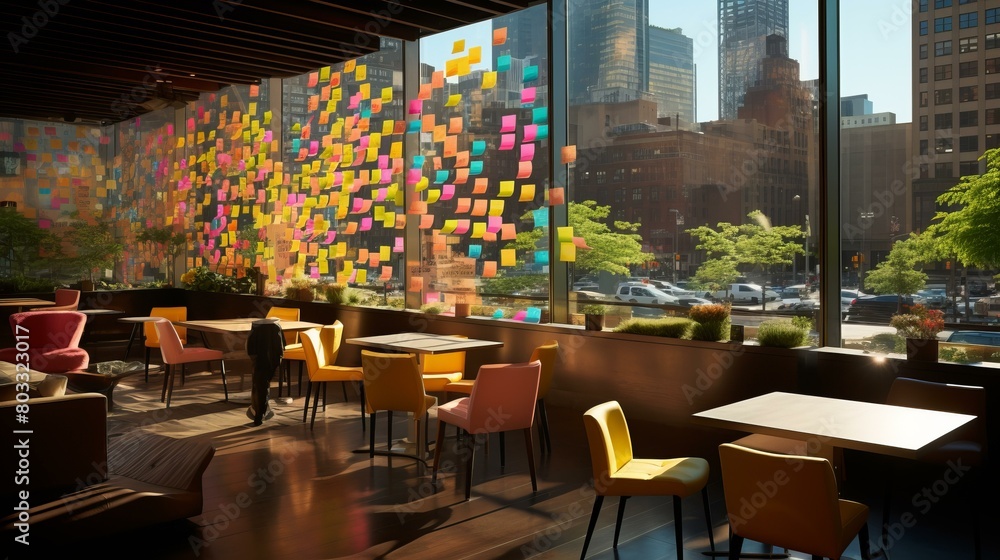 Obraz premium A modern office space with a wall of sticky notes