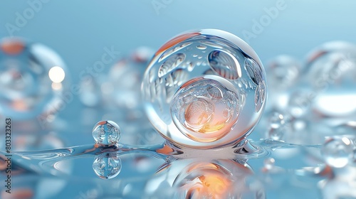 Glass ball floating on water surface with light reflection