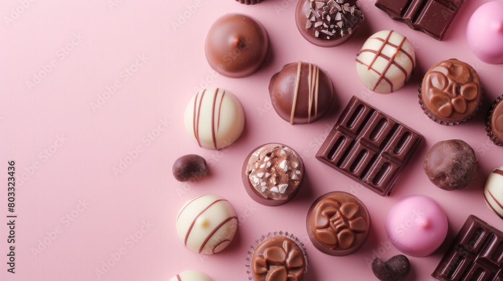 Different kinds of chocolates on colored table close-up. Top View and Flat Lay with copy space Different kinds of chocolates on colored table close-up. Top View and Flat Lay with copy space