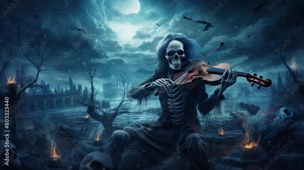 A skeleton playing the violin in a dark, gothic setting