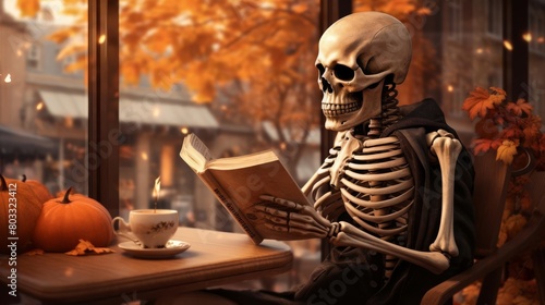 A skeleton sits in a chair in front of a window, reading a book photo