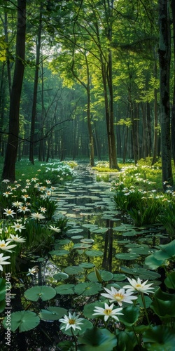 Small river in a beautiful green forest with white flowers