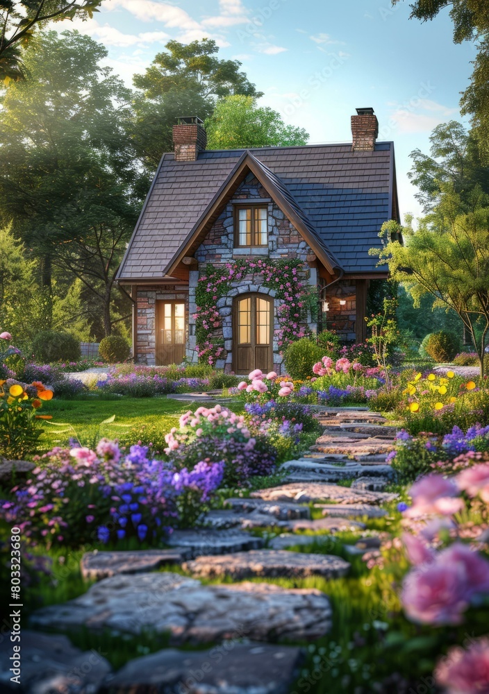 Small stone cottage in a lush garden
