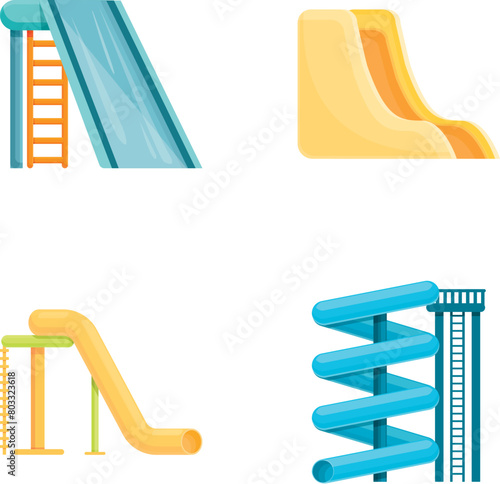Aquapark slide icons set cartoon vector. Summer holiday in water park. Active leisure