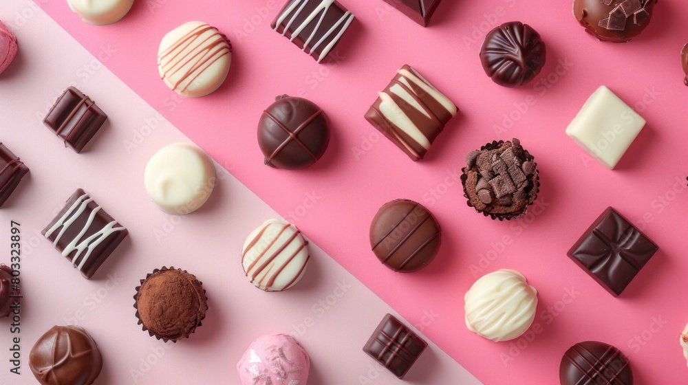Different kinds of chocolates on colored table close-up. Top View and Flat Lay with copy space Different kinds of chocolates on colored table close-up. Top View and Flat Lay with copy space