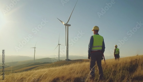 Electricity engineers wearing hard hat and luminiscent jackets, wind turbines photo