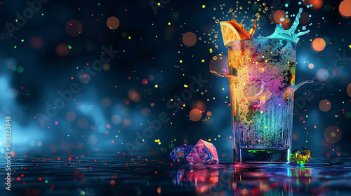 A tasty explosive drink in glass with colorful splashes on dark background photo