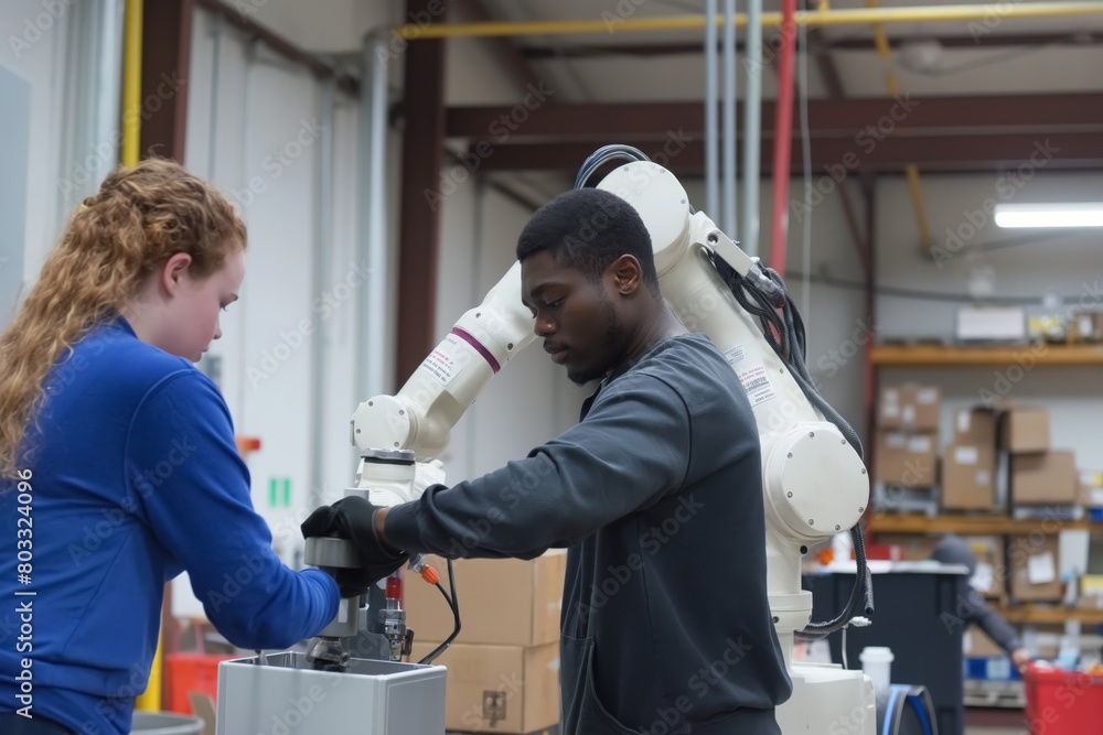 custom made wallpaper toronto digitalWhite woman and black man working with robotic arm in warehouse