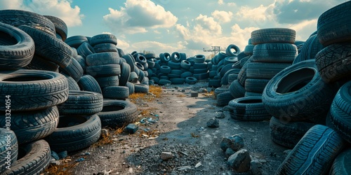 A large pile of discarded tires in an outdoor junkyard with a cloudy sky in the background photo