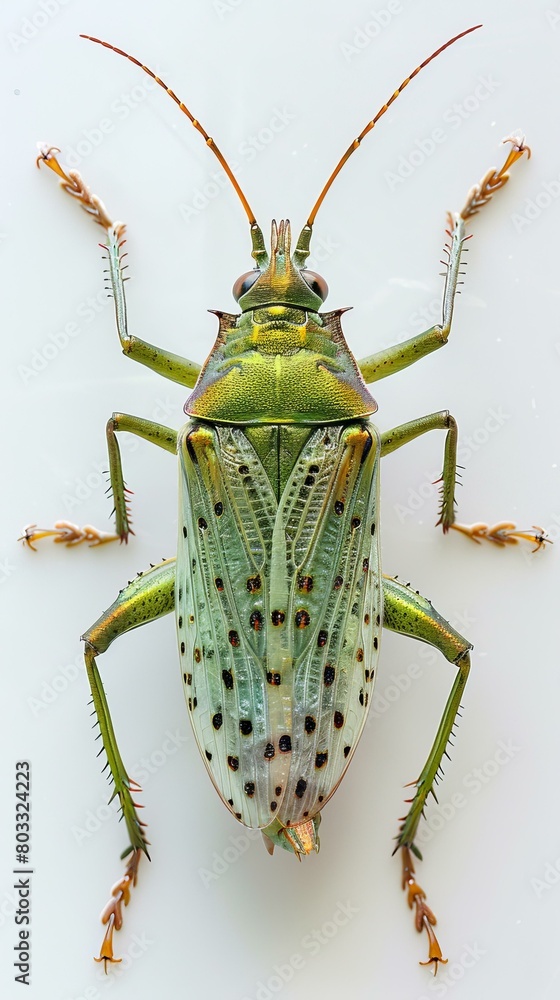 Fototapeta premium A green and gold bug with long antennae and a spotted abdomen