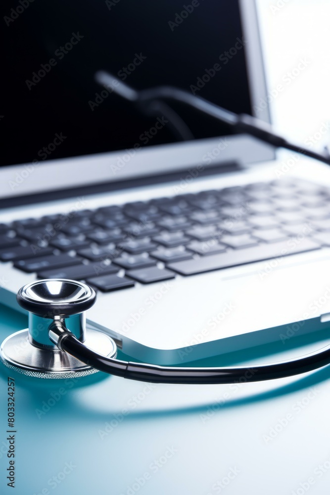 A stethoscope rests on a laptop keyboard A stethoscope rests on a laptop keyboard