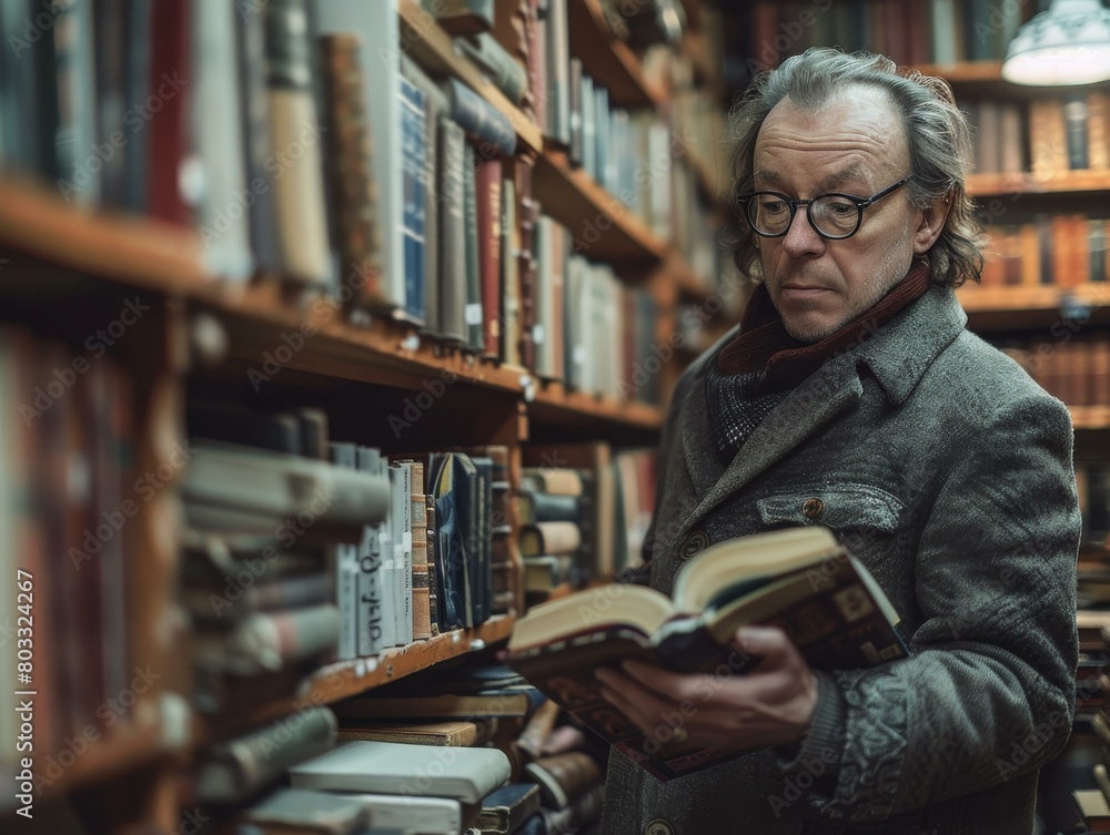 A man is reading a book in a library. A man is reading a book in a library.