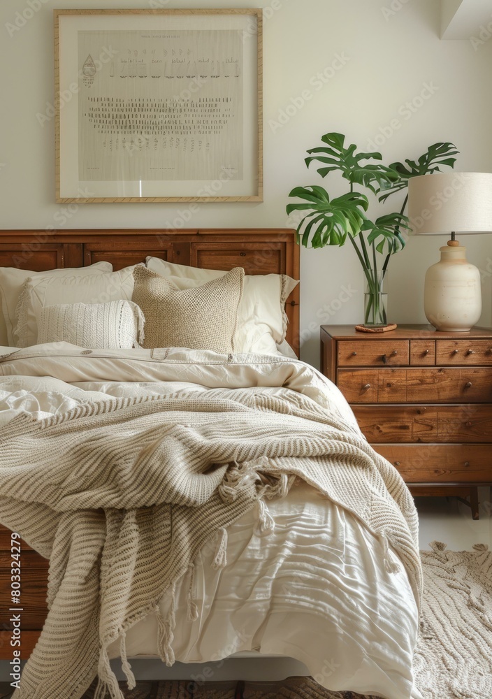 cozy neutral bedroom with wood furniture and white bedding cozy neutral bedroom with wood furniture and white bedding