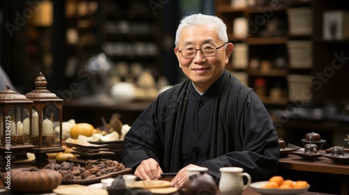 Portrait of a smiling elderly Chinese man in traditional clothing sitting at a table