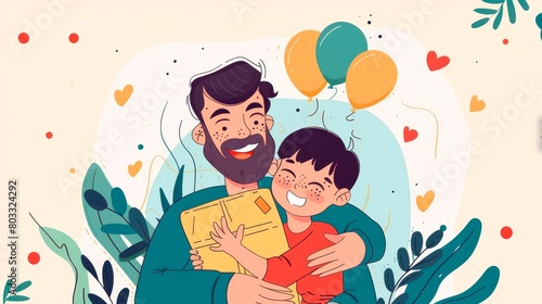 cartoon illustration of an adult man with a beard and his son hugging each other, the boy is holding a gift  in his hands, flat design, pastel colors, happy vibes, father's day theme.