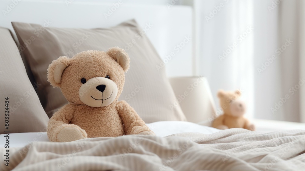 A cute teddy bear sitting on a bed with a blanket.