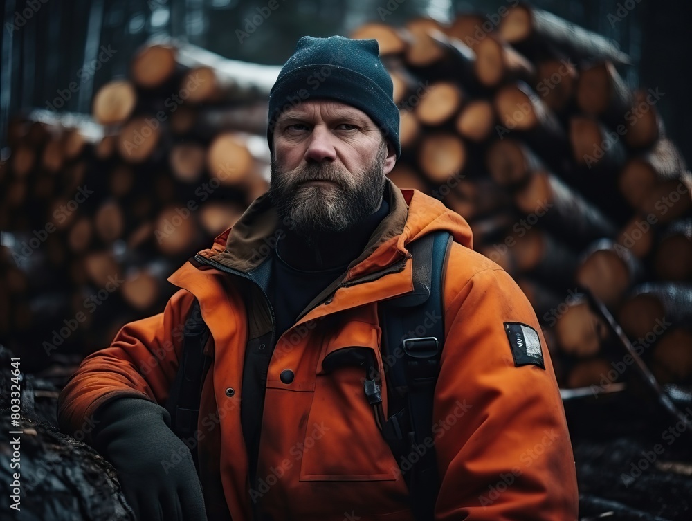Professional lumberjack in uniform standing by firewood in forest Professional lumberjack in uniform standing by firewood in forest