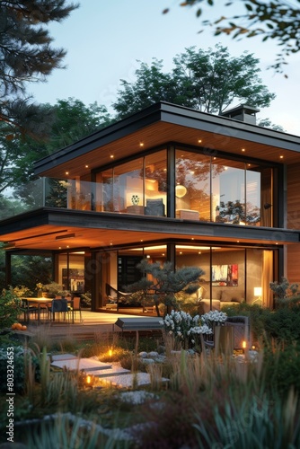 Modern two-story house with large glass windows and a terrace among the trees