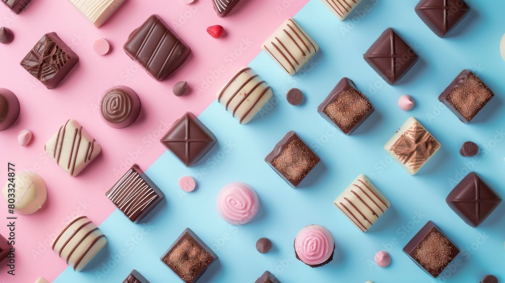 Different kinds of chocolates on colored table close-up. Top View and Flat Lay with copy space Different kinds of chocolates on colored table close-up. Top View and Flat Lay with copy space